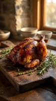 Golden roasted whole chicken with herbs on rustic wooden cutting board in cozy kitchen setting for holiday feast and family dinner preparation.