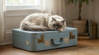 Fluffy cream-colored cat resting on vintage blue suitcase near window with natural light, potted plant in background, cozy home interior setting.