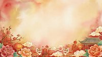 Lunar new year celebration background with red and gold peonies, lanterns, clouds and traditional pagoda roof elements. Festive oriental design for greeting cards and holiday projects.