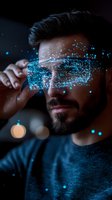 Young bearded man wearing futuristic augmented reality glasses with glowing blue digital network effect, representing modern technology and virtual innovation.