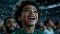 Young African American girl with natural curly hair laughing joyfully at sports event or concert, surrounded by excited crowd in stadium with bokeh lights in background.