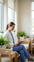 Smiling female healthcare professional in white coat and blue scrubs using tablet in modern medical office with plants and natural light for consultation.