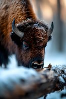 Close-up portrait of American bison head with frost covered fur in winter forest setting, showing detailed texture of horns and deep blue eye against snowy background.