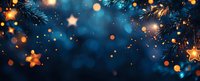Magical winter holiday background with glowing golden stars, bokeh lights and fir branches against deep blue backdrop. Festive seasonal design.