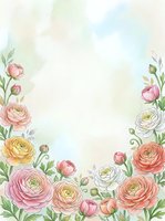 Watercolor ranunculus flowers frame with soft pastel colors and empty center space for text or design elements on light textured background.