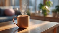 Steaming terracotta mug of hot coffee on wooden table in cozy living room with morning sunlight streaming through windows.