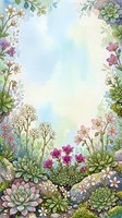 Watercolor floral frame with succulents, purple and white wildflowers, soft pastel background, copy space for greeting cards and invitations.