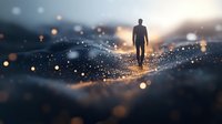 Silhouette of man walking on surreal glowing surface with magical bokeh lights and particles in dreamy atmospheric scene at sunset. Spiritual journey concept.