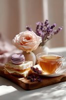 Romantic morning tea setting with peach rose, lavender sprigs, purple macaron and sandwich on wooden board. Natural sunlight creates cozy atmosphere.