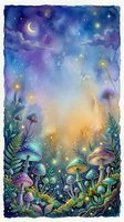 Enchanted forest floor with glowing mushrooms, magical plants, and starry night sky with crescent moon and floating lights, creating a whimsical fantasy woodland scene.