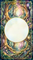 Watercolor enchanted forest card with glowing fairy lights, mushrooms, and a gold-framed circle for custom text or logo design.