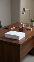 Modern minimalist home office desk with stack of white paper, metal lamp, and wooden accessories for professional workspace design.