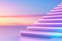 Minimalist stairway to heaven concept with gradient pink and blue colors against dreamy sunset sky background, modern architectural visualization.