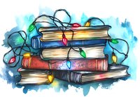 Stack of vintage books wrapped in colorful Christmas string lights against blue watercolor background, festive holiday reading and literature concept.
