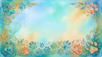 Watercolor paw prints and floral ornaments frame a soft gradient sky in turquoise, gold, and cream tones. Isolated design element suitable for pet-related projects, greeting cards, and animal-themed backgrounds.