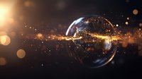 Glowing sphere with golden particles and light effects floating in dark space, creating magical atmospheric scene with bokeh and lens flare elements.