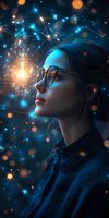 Young Asian woman in glasses gazes upward amid glowing network connections and light bulb, symbolizing innovation and artificial intelligence in dark blue tones.