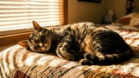 Tabby cat sleeping peacefully on a bed in warm sunlight by a window, curled up in a cozy home bedroom setting.