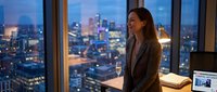 Woman in business attire standing at office desk with laptop, overlooking illuminated cityscape through floor-to-ceiling windows at dusk, corporate workspace setting.