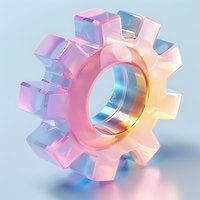 Iridescent glass gear wheel with holographic gradient effect perfect for technology, innovation, and business concept designs. Modern minimal style with soft pastel colors.