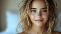 Young woman with blue eyes and wavy blonde hair smiling warmly at camera. Natural beauty portrait with soft lighting and shallow depth of field creates intimate mood.