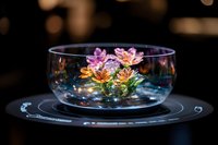 Glowing luminescent flowers floating in clear glass bowl with water against dark background create magical atmosphere for spa or wellness design.