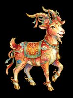 Decorative Chinese zodiac goat with ornate floral patterns, gold accents, and vibrant colors, isolated on transparent background. Great for stickers, T-shirts, and print on demand.