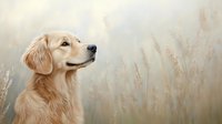 Golden Retriever dog with gentle expression in profile view against soft natural background with tall grass and dreamy bokeh lighting for pet photography.