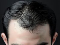 Male hair loss pattern showing receding hairline and thinning crown area on dark background for medical or cosmetic treatment concepts.