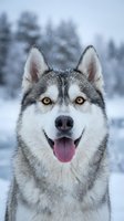 Siberian husky dog portrait with amber eyes and pink tongue in snowy winter landscape with frost on fur and blurred forest background.
