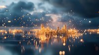 Glowing cityscape reflected in calm water with floating light particles and dramatic stormy clouds, creating magical urban nighttime atmosphere.