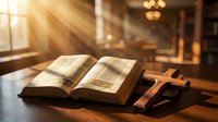 Open bible with wooden cross on table in warm sunlight streaming through church windows creating peaceful spiritual atmosphere for worship and prayer.