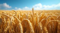 Golden wheat field under bright blue summer sky with white fluffy clouds. Close-up view of ripe wheat ears ready for harvest shows agricultural abundance.