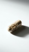 Transparent capsule filled with dried herbs and botanical powder on white background with shadow, suitable for supplement and wellness product marketing.