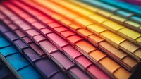 Vibrant color swatches arranged in rows showing gradient spectrum from blue to yellow, creating dynamic perspective view of paint samples for design projects.