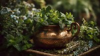 Fresh mint leaves in rustic copper pot on wooden surface, natural garden setting with herbs for cooking, tea brewing and culinary applications.