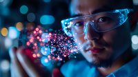 Young Asian male scientist in protective glasses examining glowing molecular structure against blurred blue bokeh background in laboratory setting.