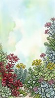 Watercolor succulent garden border with colorful blooming plants on soft green background, copy space for text, greeting card or poster design.