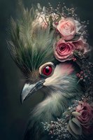 Mystical bird portrait with red eye adorned by pink roses and delicate flowers against dark background, creating dramatic fantasy atmosphere for wall art and design.
