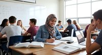 Young Muslim woman in hijab studying with diverse classmates in bright modern classroom, focused on academic work with books and laptop for educational content.