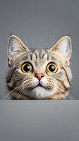 Curious tabby cat with big yellow eyes looking up against gray background, close-up portrait showing expressive face and alert expression. Great for pet care and social media.