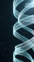 Abstract glowing spiral light trails creating dynamic helix pattern on dark background for technology and science concepts.
