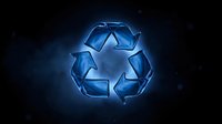 Glowing blue recycling symbol with neon light effects on dark background for environmental awareness campaigns and sustainability projects.