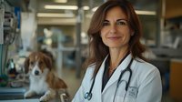 Female veterinarian in white coat with stethoscope smiling warmly at camera while beagle dog patient sits calmly in modern veterinary clinic examination room.