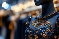 Elegant navy blue evening gown with intricate gold embroidery and beadwork displayed on mannequin in luxury boutique with soft bokeh lighting background.