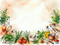 Watercolor culinary herbs, fresh vegetables, and cooking ingredients arranged on white background with splatter accents, suitable for recipe blogs, cookbooks, and food-related designs.