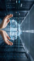 Hands protecting glowing digital network sphere with connected nodes in modern data center server room for cybersecurity and technology concepts.