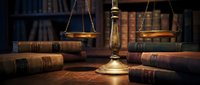 Vintage brass scales of justice on wooden desk surrounded by old leather-bound law books in dimly lit library setting for legal and judicial concepts.