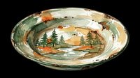Rustic ceramic bowl with hand-painted forest landscape, evergreen trees, and weathered glaze finish. Isolated on transparent background, ready for design use in print-on-demand, home decor, and digital crafts.