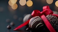 Dark chocolate truffles with red satin ribbon and bokeh lights background. Luxury handmade confectionery with white chocolate drizzle and sprinkles for romantic occasions.